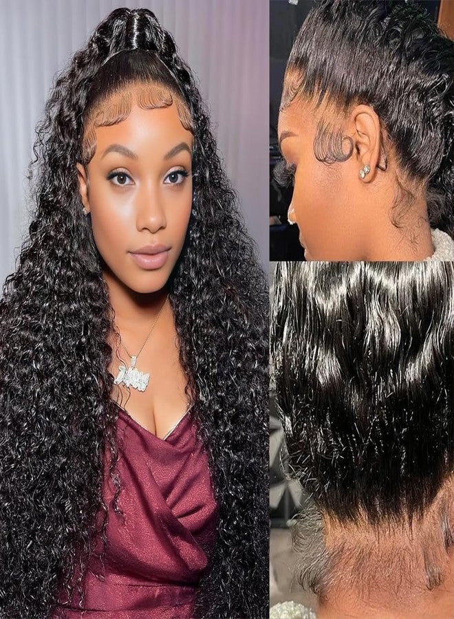 بيزاز شعر مستعار Pizazz Hidden Strap 360 Full Lace Frontal Hair، شعر بشري، منتوف مسبقًا، مبيض مسبقًا، كثافة 180، شعر مستعار مموج بدون غراء مع رباط (أسود، 18 بوصة) - Image 1